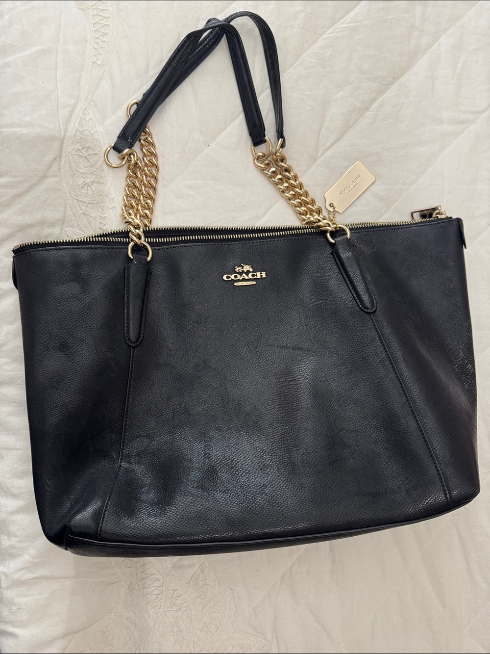 Coach Black Leather Tote with Gold Chain Straps